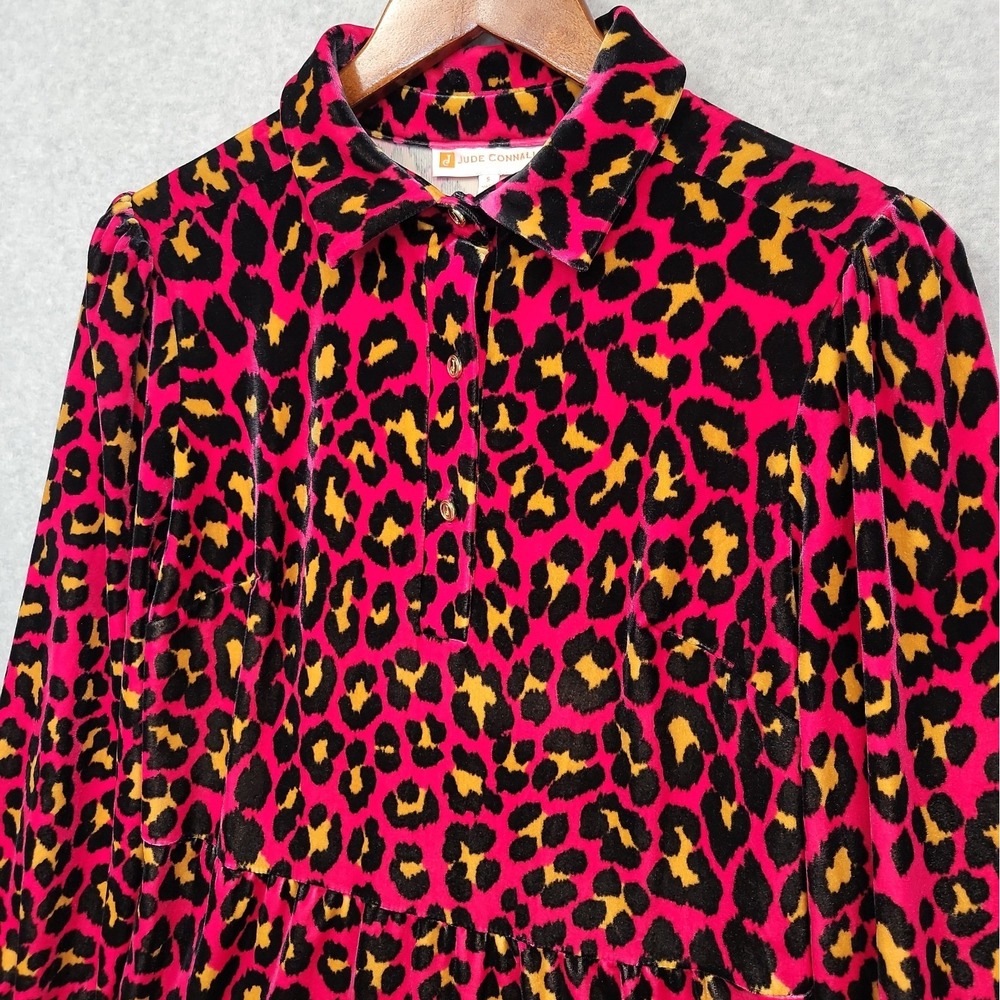 Jude Connally Pink Leopard Velour Print Long Sleeve Tiered Mini Dress Sz Small - Picture 2 of 12